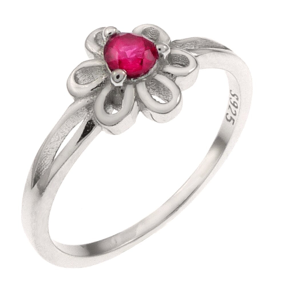 Sterling Silver Flower With Ruby Red CZ Baby Ring