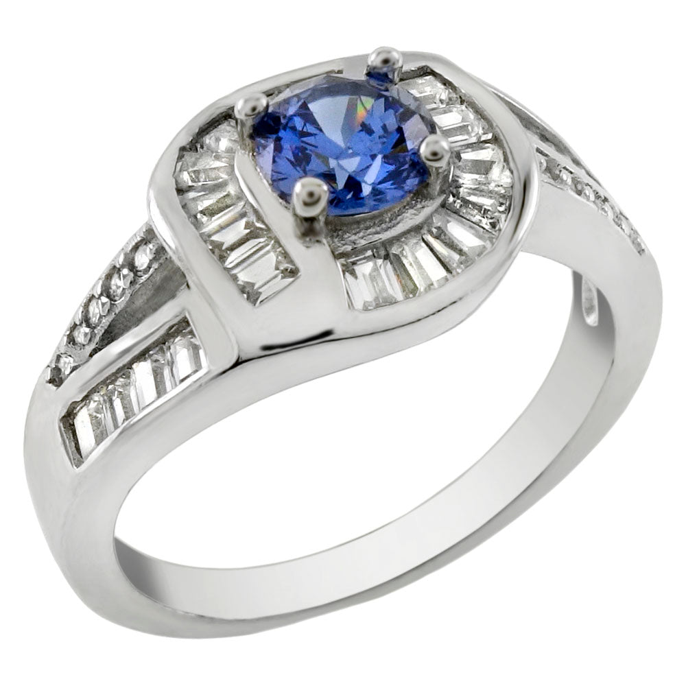 Sterling Silver Halo Ring Simulated Tanzanite With Round and Baguette CZ