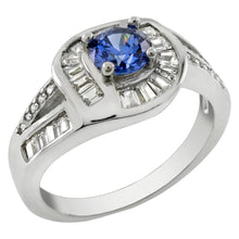 Load image into Gallery viewer, Sterling Silver Halo Ring Simulated Tanzanite With Round and Baguette CZ