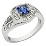 Sterling Silver Halo Ring Simulated Tanzanite With Round and Baguette CZ