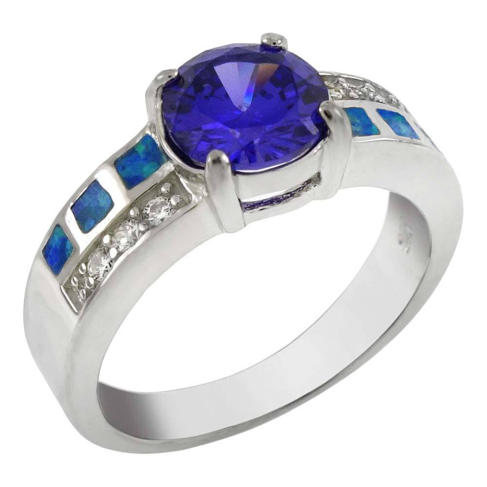 Sterling Silver Simulated Blue Opal With CZ Amethyst Ring