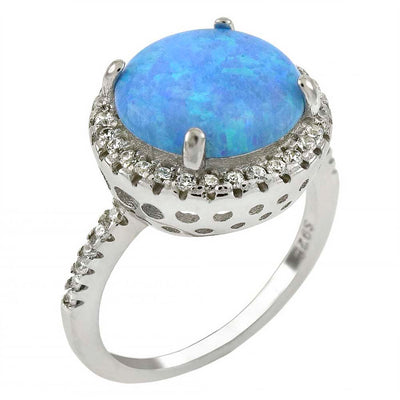 Sterling Silver Simulated Blue Opal Round Shaped Halo Ring With Clear CZ