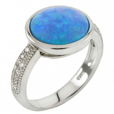 Sterling Silver Simulated Blue Opal Round Shaped Bezel Setting Ring With Clear CZ