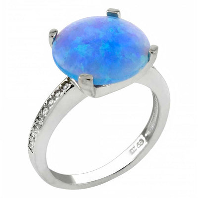 Sterling Silver Simulated Blue Opal Round Shaped Ring With Clear CZ