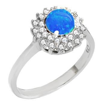 Sterling Silver Halo Simulated Blue Opal With CZ Ring