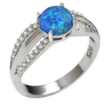 Sterling Silver Simulated Blue Opal With CZ Ring