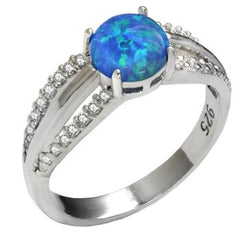 Sterling Silver Simulated Blue Opal With CZ Ring