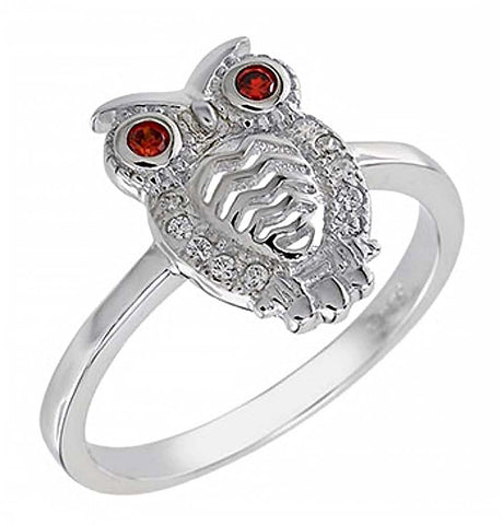 Sterling Silver Cubic Zirconia Stylish Owl with Red Eyes Ring and Width 13MM
