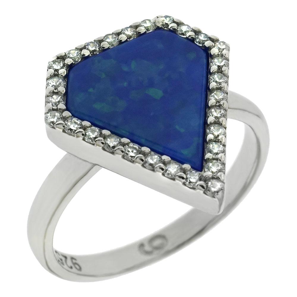 Sterling Silver Simulated Blue Opal Stone Shape with Cubic Zirconia Ring