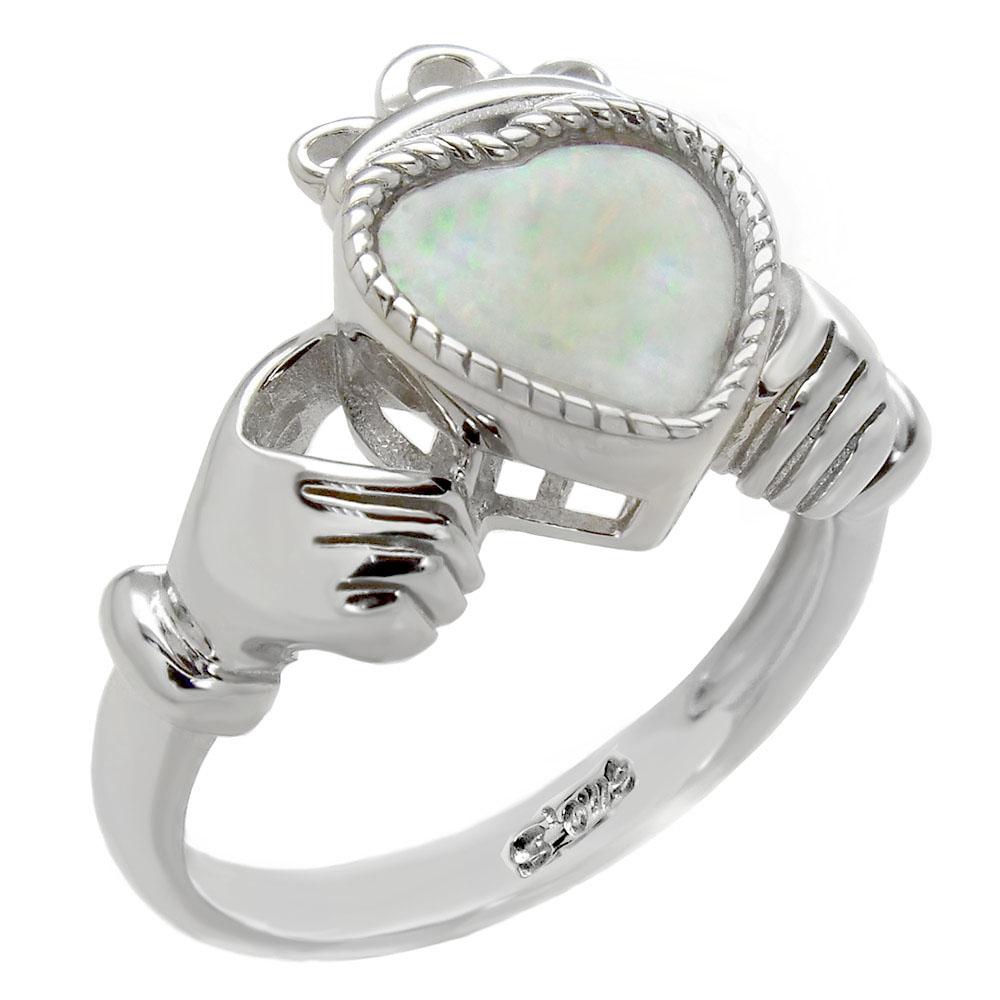 Sterling Silver Simulated White Opal Claddagh Ring