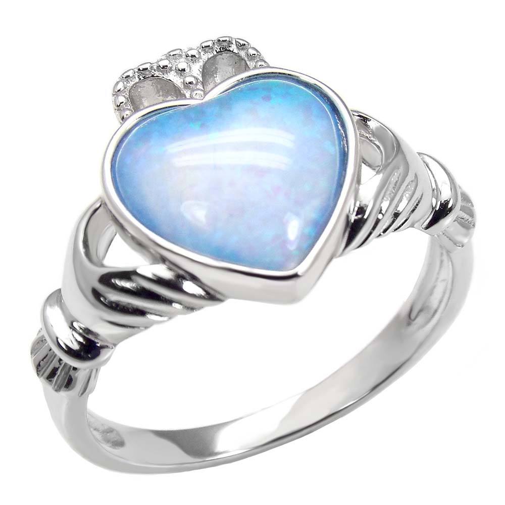 Sterling Silver Blue Lab Opal Claddagh Ring