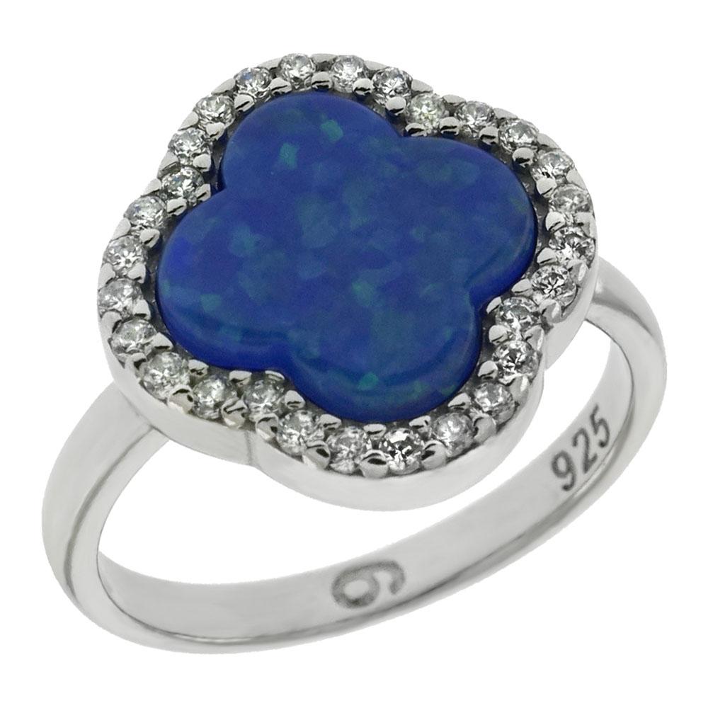 Sterling Silver Simulated Blue Opal Four-Leaf Clover With Cubic Zirconia Ring