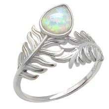 Load image into Gallery viewer, Sterling Silver Pear Shape White Lab Opal Leaf Ring
