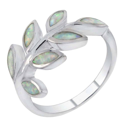 Sterling Silver Simulated White Opal Olive Branch Shaped RingAnd Width 12 mm