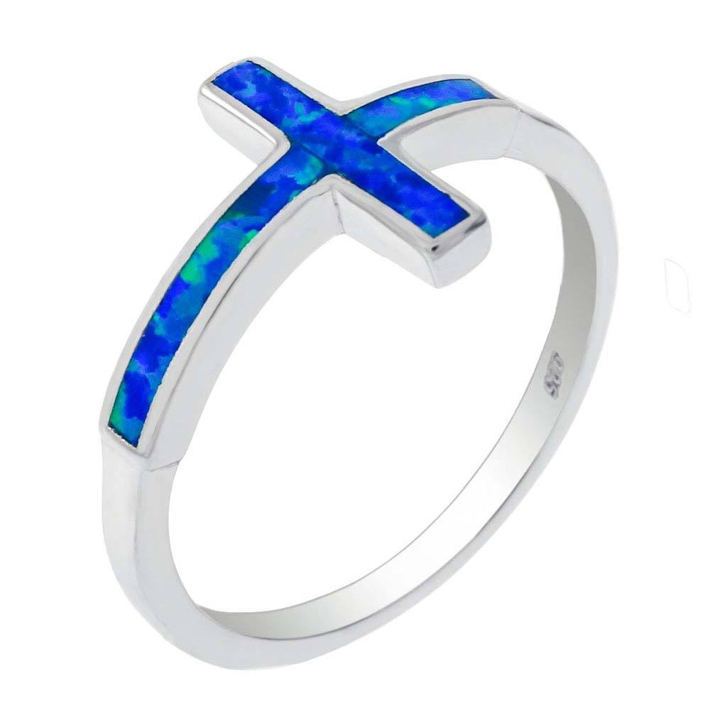 Sterling Silver Simulated Blue Opal Side Cross RingAnd Diameter 10.7mm