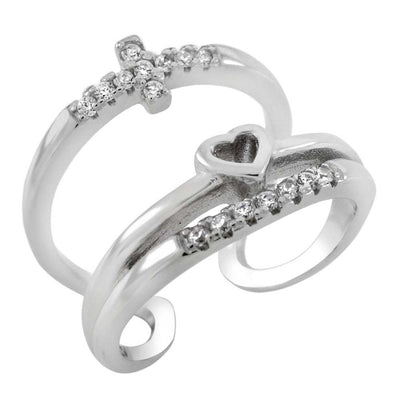 Sterling Silver Heart & Cross CZ Adjustable Ring