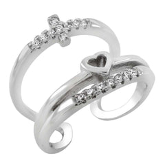 Sterling Silver Heart & Cross CZ Adjustable Ring
