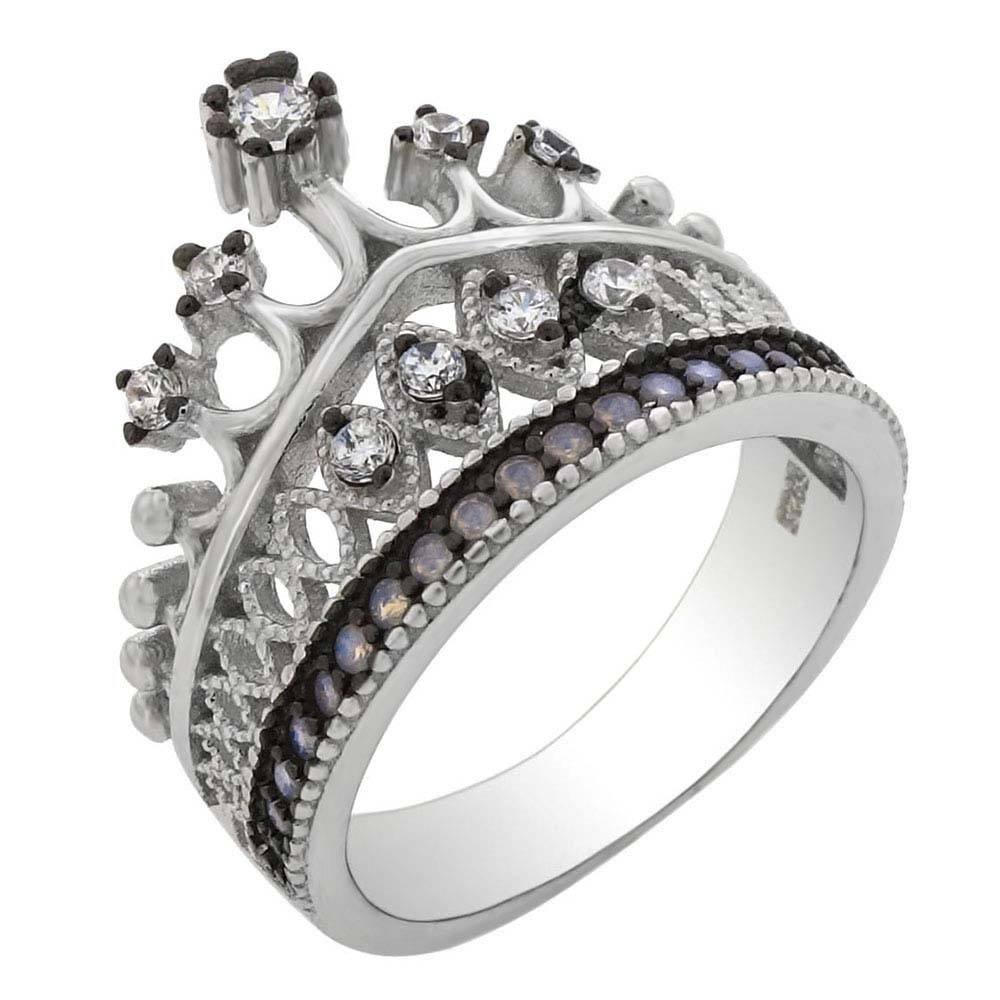 Sterling Silver White & Black Rhodium Plating CZ Crown Ring