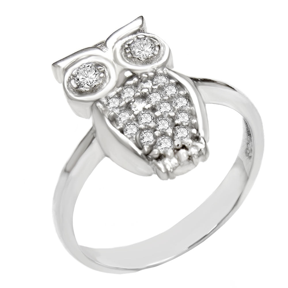 Sterling Silver Rhodium Owl CZ Ring Width-9.3mm, Height-15mm