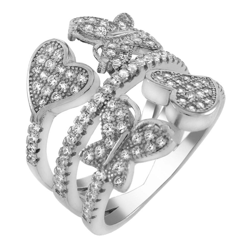 Sterling Silver Heart & Butterfly Pave CZ Ring