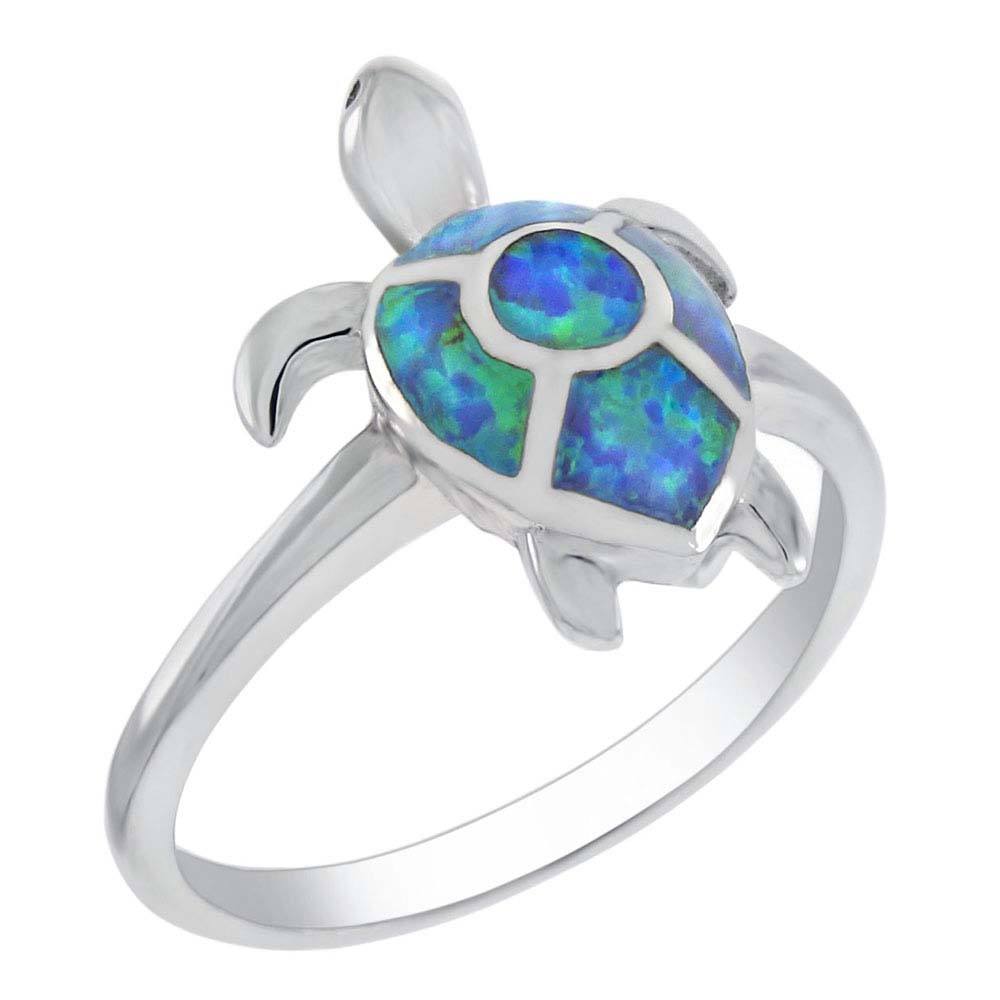 Sterling Silver Simulated Blue Opal Sea Turtle Shaped RingAnd Width 14.5 mm