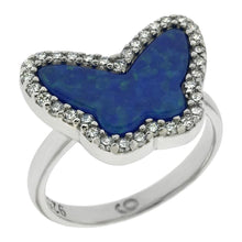 Load image into Gallery viewer, Sterling Silver Simulated Blue Opal Butterfly W. Cubic Zirconia Ring