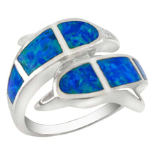 Load image into Gallery viewer, Sterling Silver Simulated Blue Opal Contrary Dolphin Ring