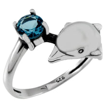 Load image into Gallery viewer, Sterling Silver Round Aquamarine Dolphin Ring Height-13mm, Width-4.5mm