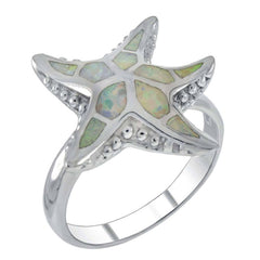 Sterling Silver Simulated White Opal Star Fish Shaped RingAnd Width 16mm