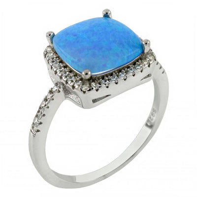 Sterling Silver Simulated Blue Opal Square Shaped Ring With Clear CZ
