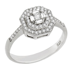 Sterling Silver Octagon Cubic Zirconia Halo Engagement Ring Width-1.5mm, Diameter-10mm