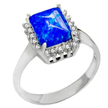 Sterling Silver Simulated Blue Opal Halo CZ Engagement Ring