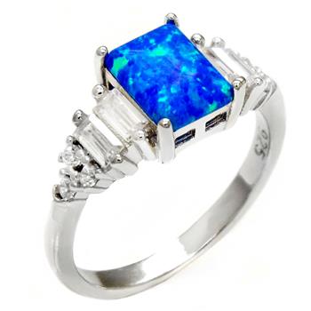 Sterling Silver Simulated Blue Opal With Baguette CZ Engagement Ring