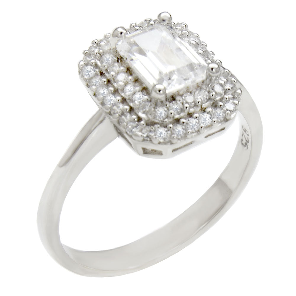Sterling Silver Emerald Cut Halo Engagement Ring