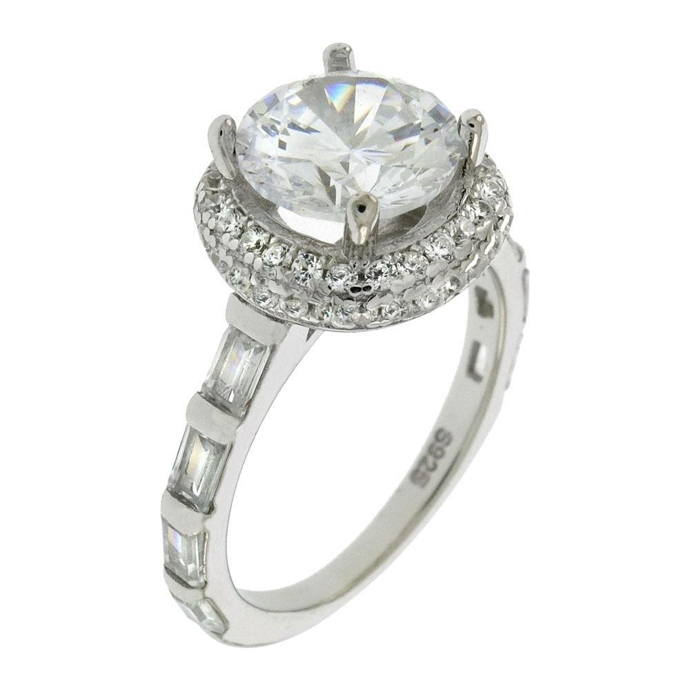 Sterling Silver Baguette 8mm Round Cubic Zirconia Halo Ring - silverdepot