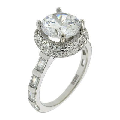 Sterling Silver Baguette 8mm Round Cubic Zirconia Halo Ring - silverdepot