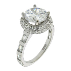 Sterling Silver Baguette 8mm Round Cubic Zirconia Halo Ring