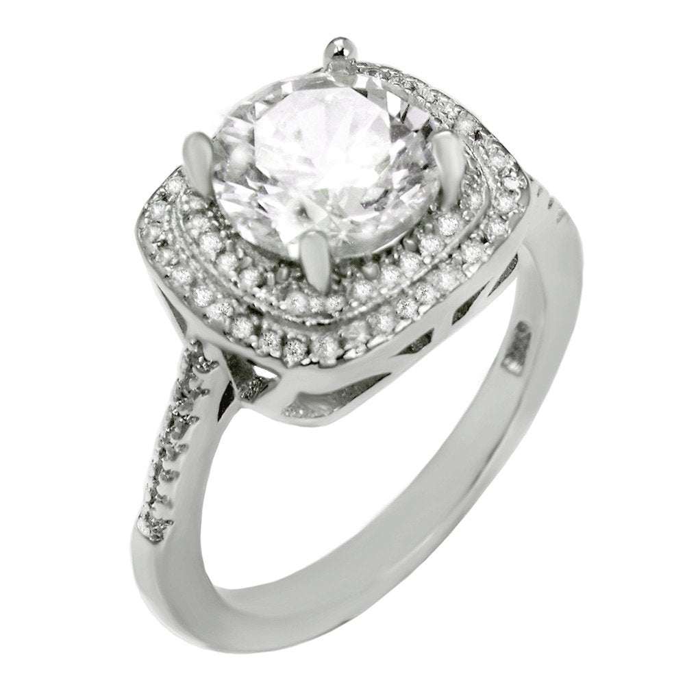 Sterling Silver Round Center CZ Double Halo Engagement Ring