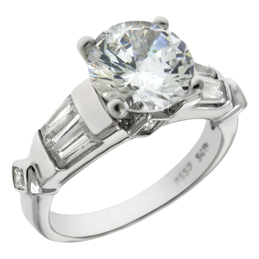 Sterling Silver Center 8mm Round CZ W. Square-Baguette Cubic Zirconia  Engagement Ring