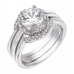 Sterling Silver 3pcs Pave Clear CZ Stone Bridal Ring SetAnd Width of 12MM