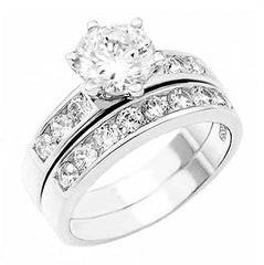 Sterling Silver Channel Set Cz Wedding Ring Set with a Prong Set Cz in the Center