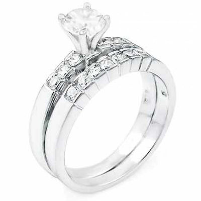 Sterling Silver Round Cz Wedding Ring Set with a Prong Set Cz in the Center