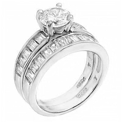 Sterling Silver Channel Set Baguette Cz Wedding Ring Set with a Prong Set Cz in the Center