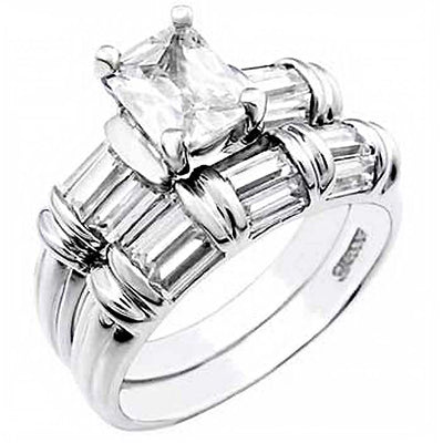 Sterling Silver Cz Wedding Ring Set with a 6MMx8MM Prong Set Cz in the Center