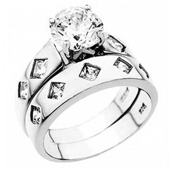 Sterling Silver Diamond Shape Cz Wedding Ring Set with a 9MM Prong Set Cz in the CenterAnd Ring Width of 9MM