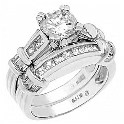 Sterling Silver Baguette Cz Wedding Ring Set with a Prong Set Cz in the CenterAnd Ring Width of 8MM