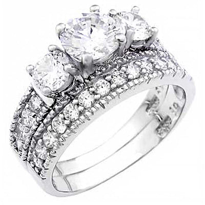 Sterling Silver Pave Set Round Cz Wedding Ring Set with 3 Prong Set Cz in the Center