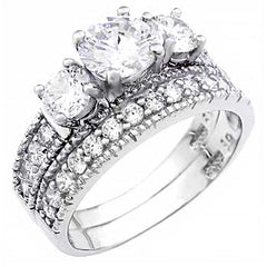 Sterling Silver Pave Set Round Cz Wedding Ring Set with 3 Prong Set Cz in the Center
