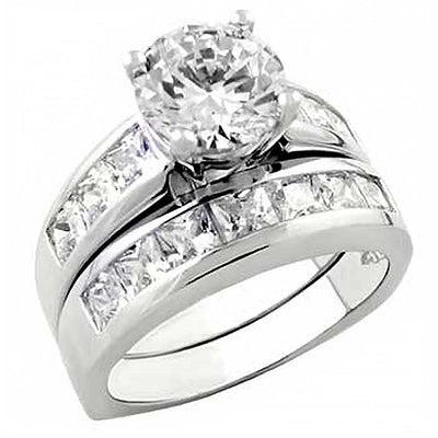 Sterling Silver Channel Set Cz Wedding Ring Set with an 8MM Prong Set Cz in the Center
