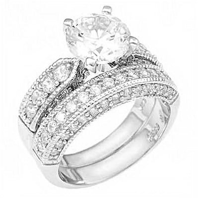 Sterling Silver Pave Set Cz Wedding Ring Set with a Prong Set Cz in the Center